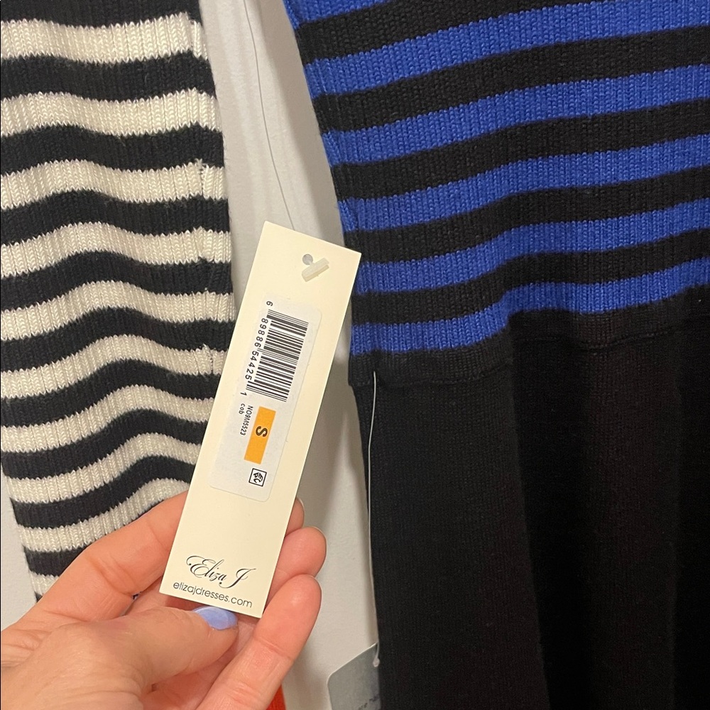 Eliza J Blue and Black Striped Long Sleeve Dress - Picture 3 of 9